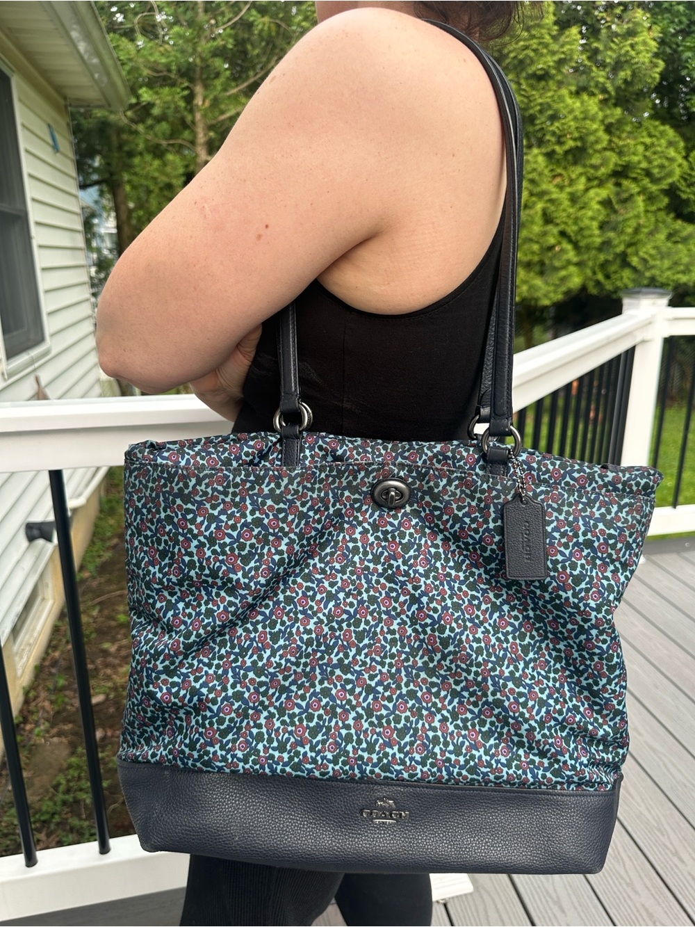 Coach Black & Teal Floral Print Tote